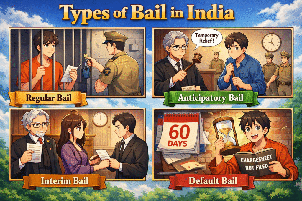 Bail Process in India showing types of bail like regular, anticipatory, interim and default bail