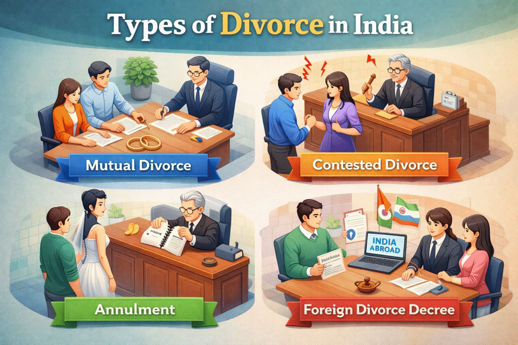 Divorce Process in India showing types like mutual, contested, annulment and foreign divorce