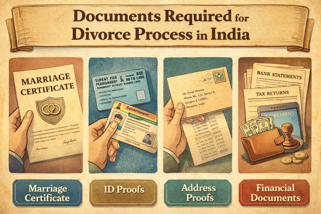Divorce Process in India showing required documents like marriage certificate and ID proofs