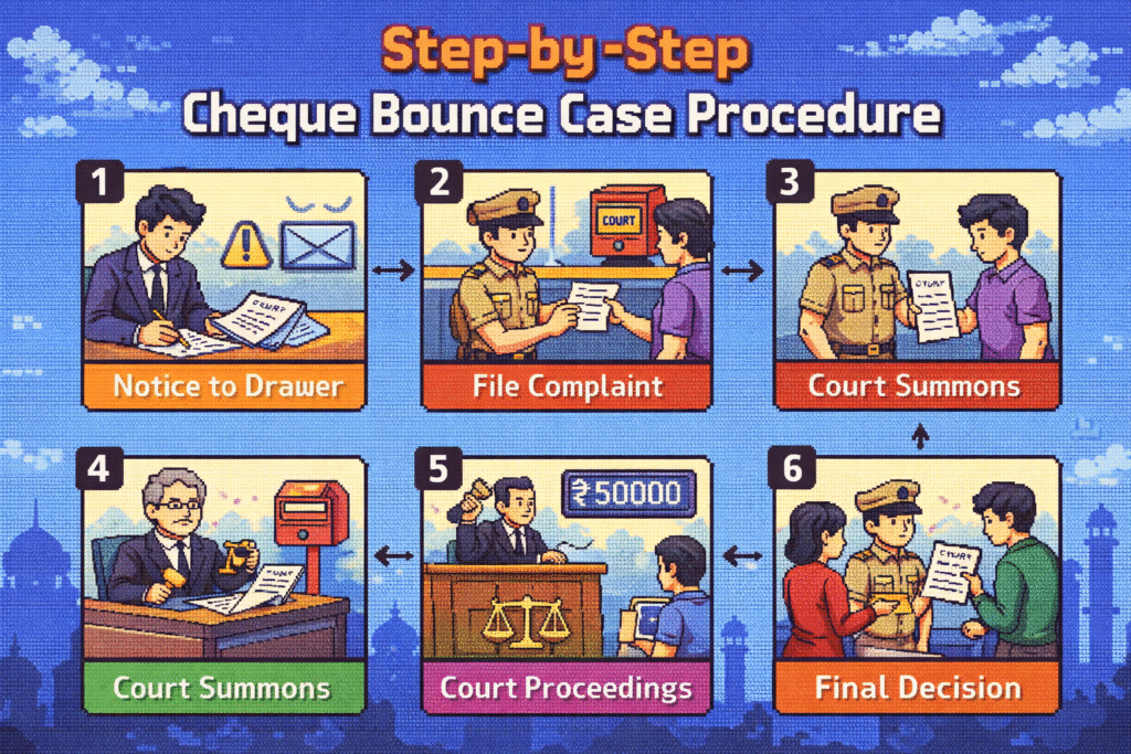 Cheque Bounce Case step by step legal procedure infographic